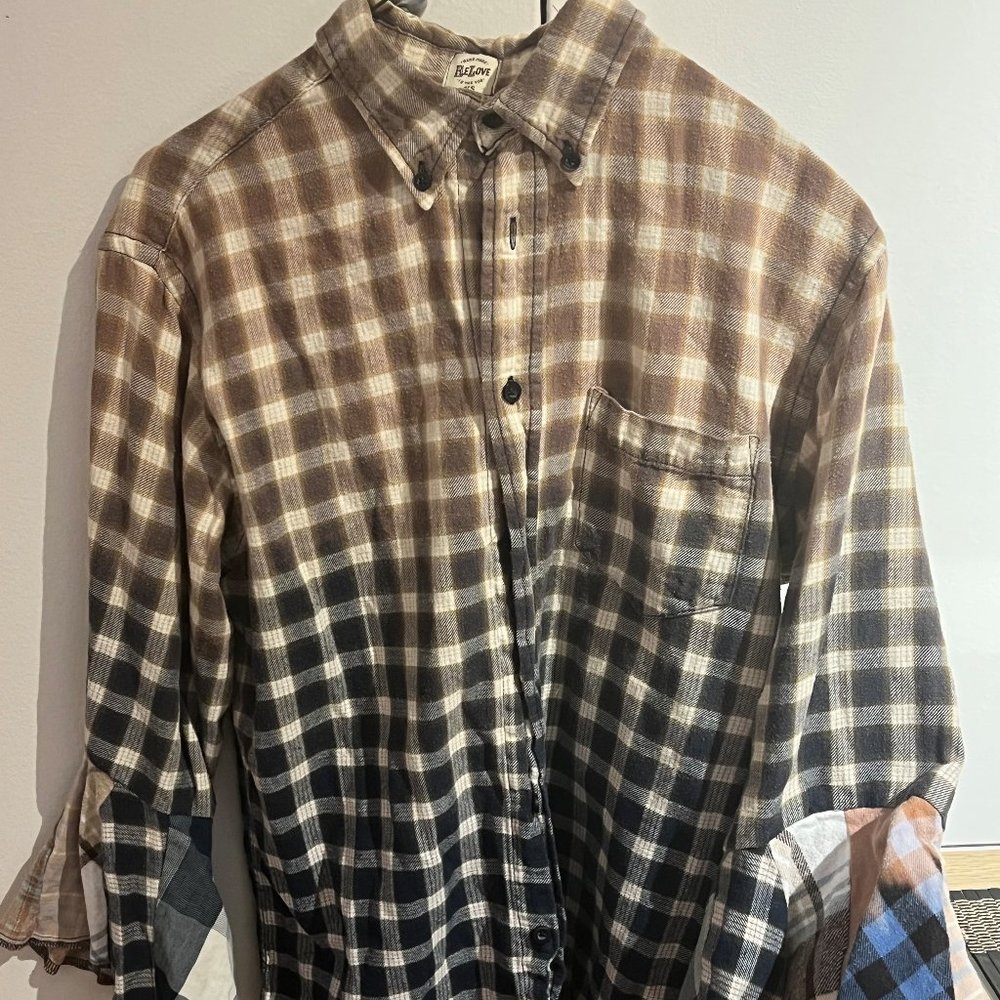 Relove Brown/Blue/Black Dip Dye Flannel Button with flair sleeves-XS